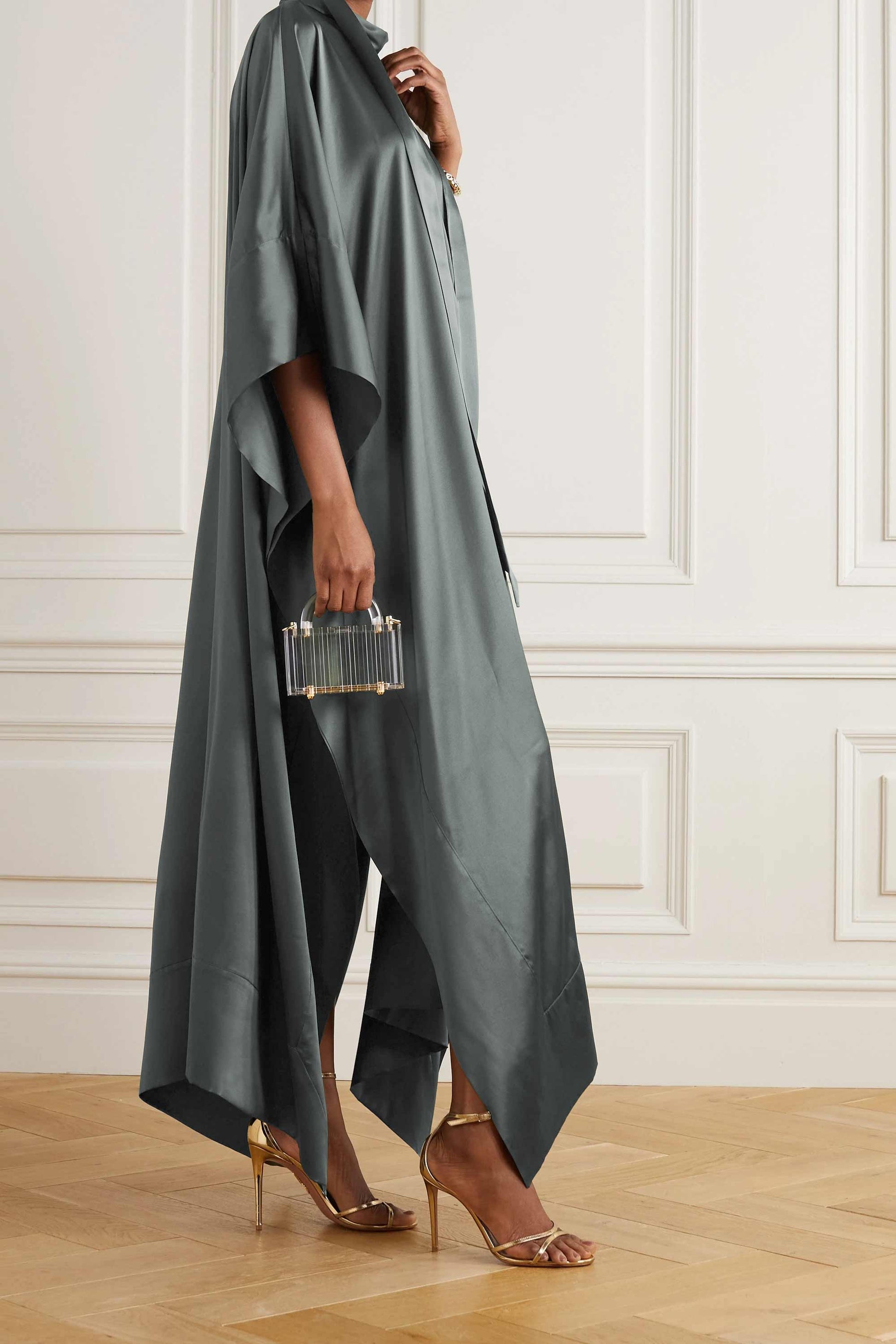 Grey luxury kaftan with asymmetrical hem for formal events
