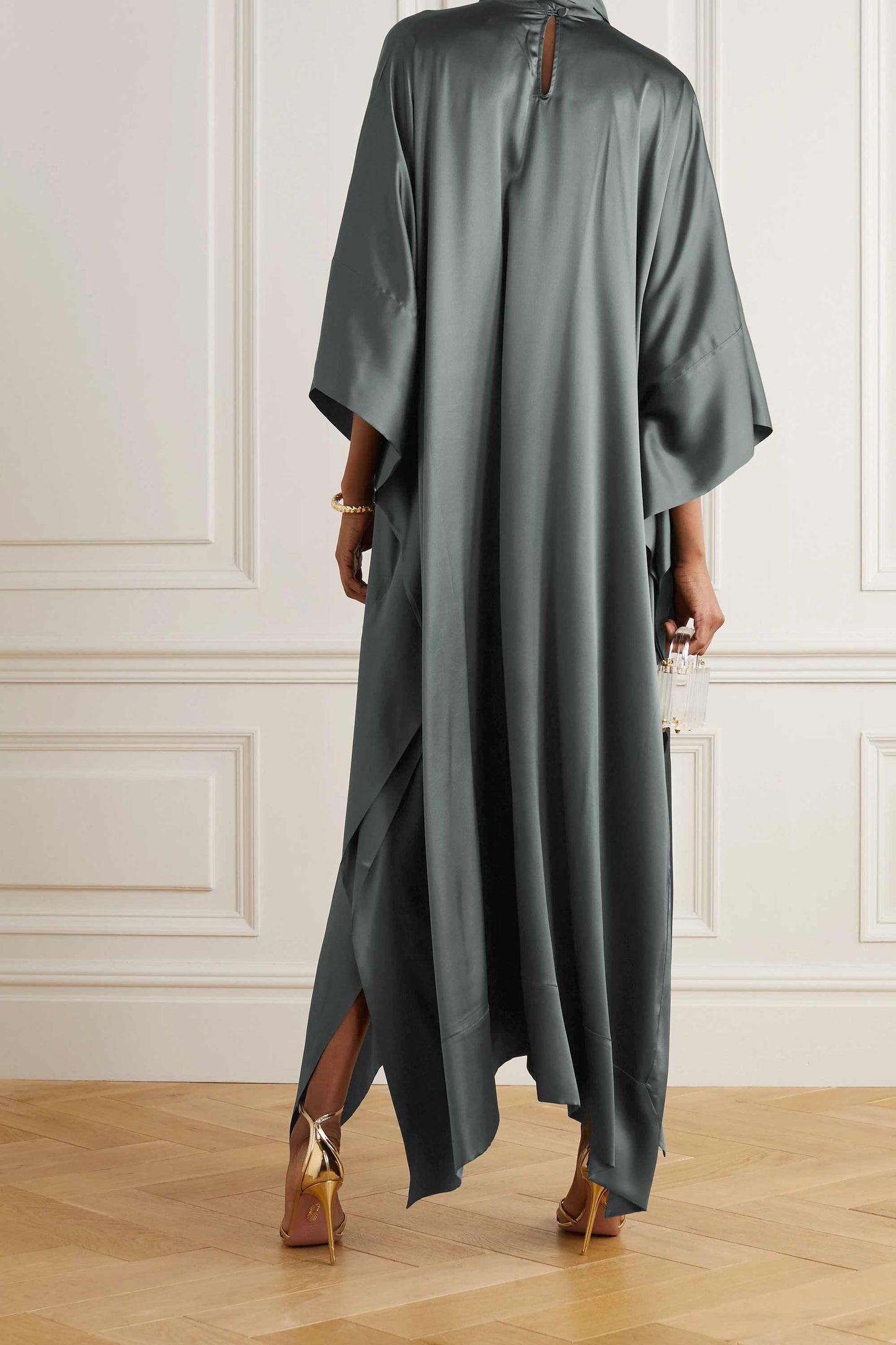 Grey luxury kaftan with asymmetrical hem for formal events