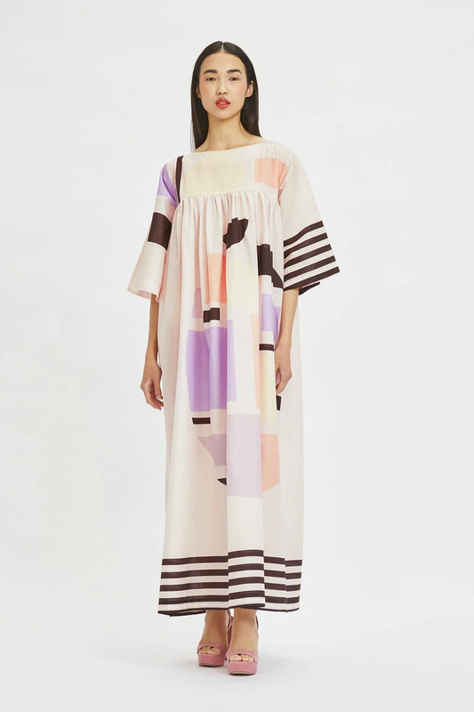 Light Peach Color Maxi Dress With Round Neck Style