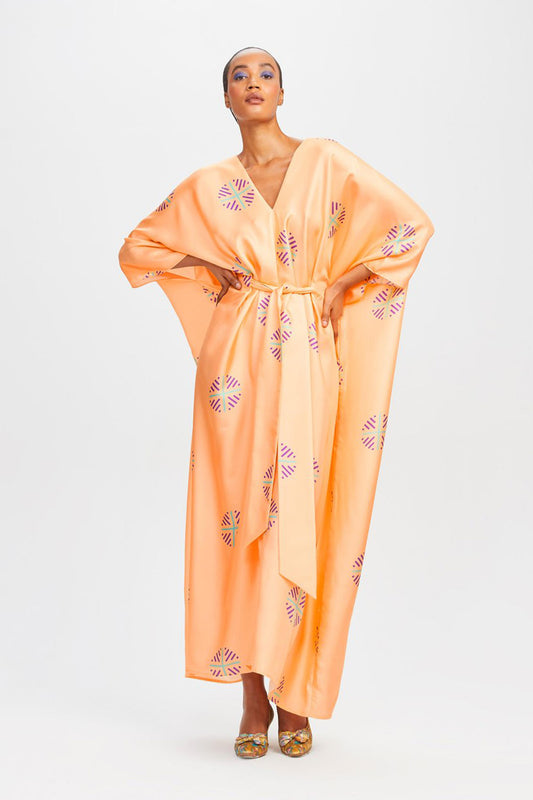 Womens Kaftan With Waist Belt In Peach Color Silk Fabric With V Neck Style