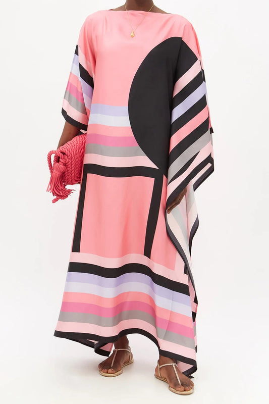 Pink Color Womens Silk Kaftan With Boat Neck Style