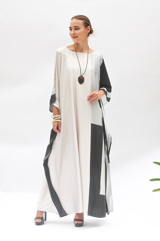 Womens Black And White Abstract Premium Silk Kaftan