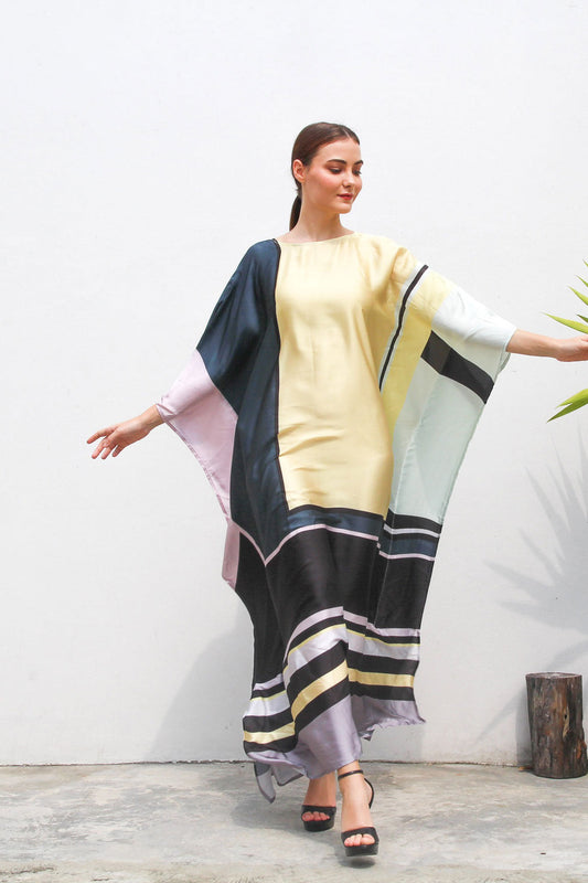 Golden Abstract Womens Satin Silk Kaftan