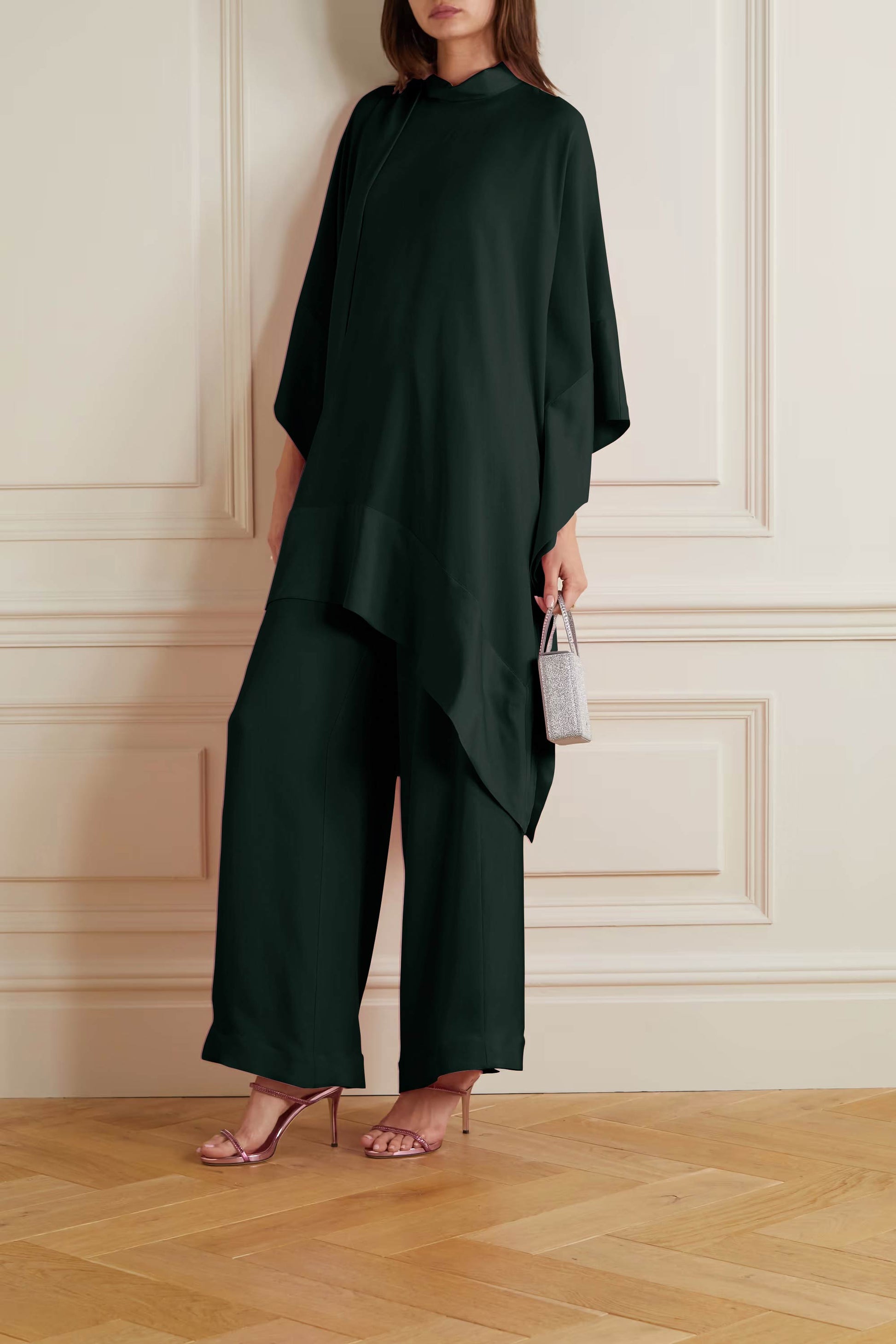 Dark Green Color Womens Premium Silk  Co ord Set With Culottes Pant
