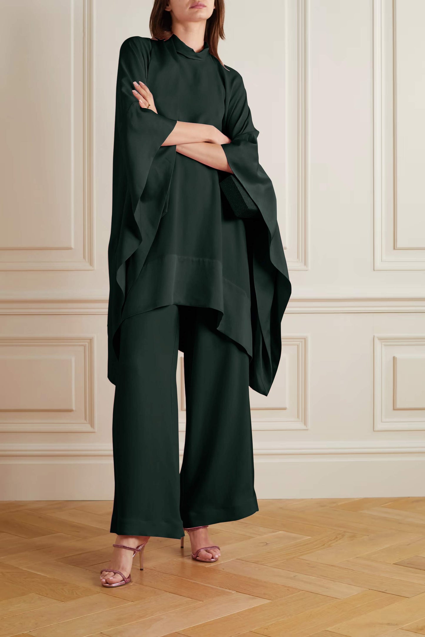 Dark Green Color Womens Premium Silk  Co ord Set With Culottes Pant