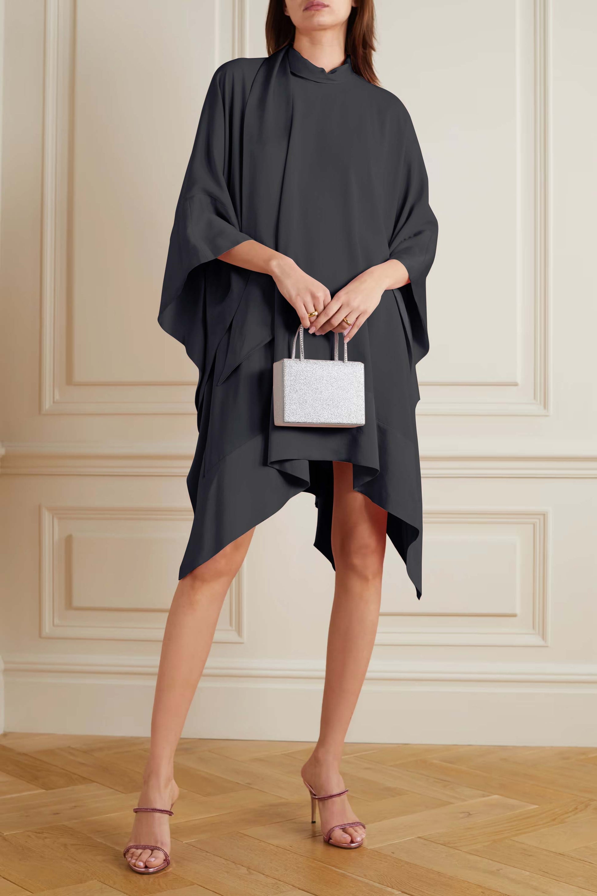 Dark Grey Color Womens Premium Silk  Co ord Set With Culottes Pant