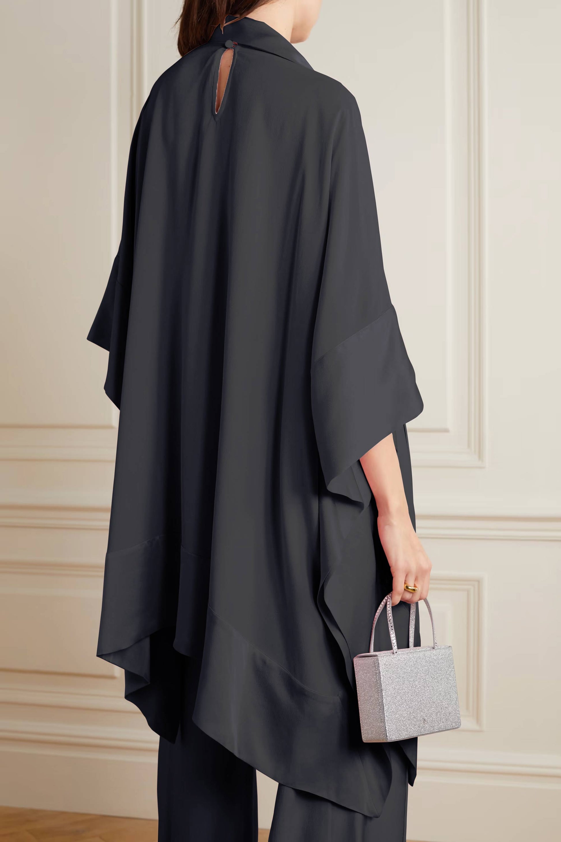 Dark Grey Color Womens Premium Silk  Co ord Set With Culottes Pant