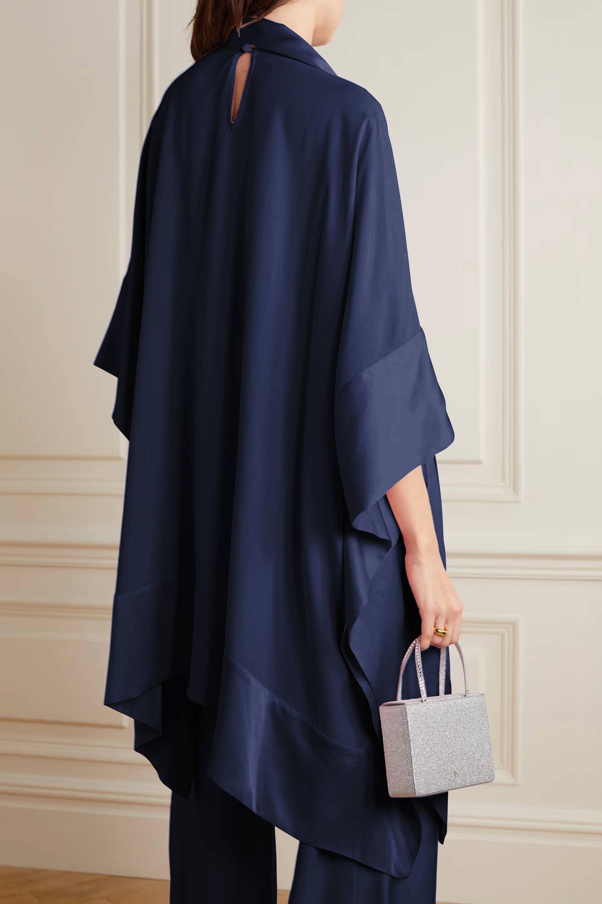 Navy Blue Color Womens Premium Silk  Co ord Set With Culottes Pant