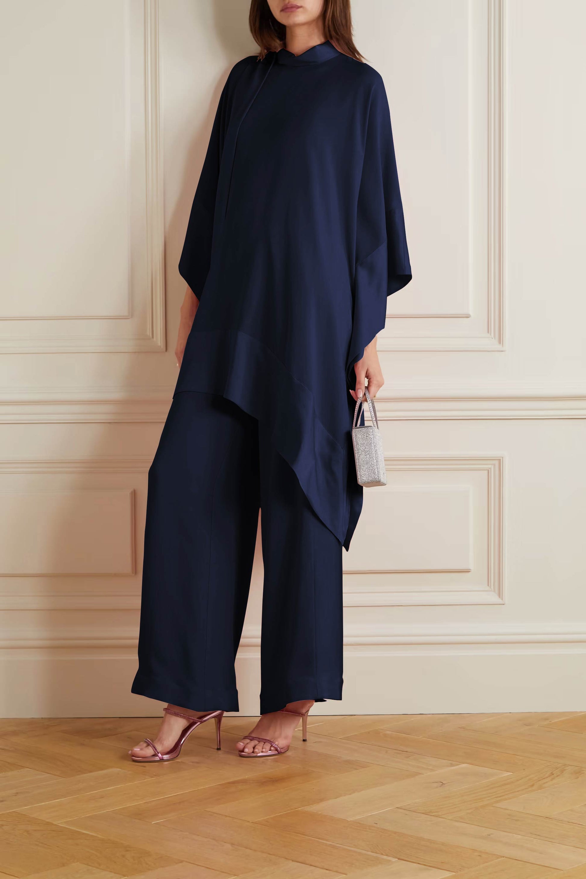 Navy Blue Color Womens Premium Silk  Co ord Set With Culottes Pant