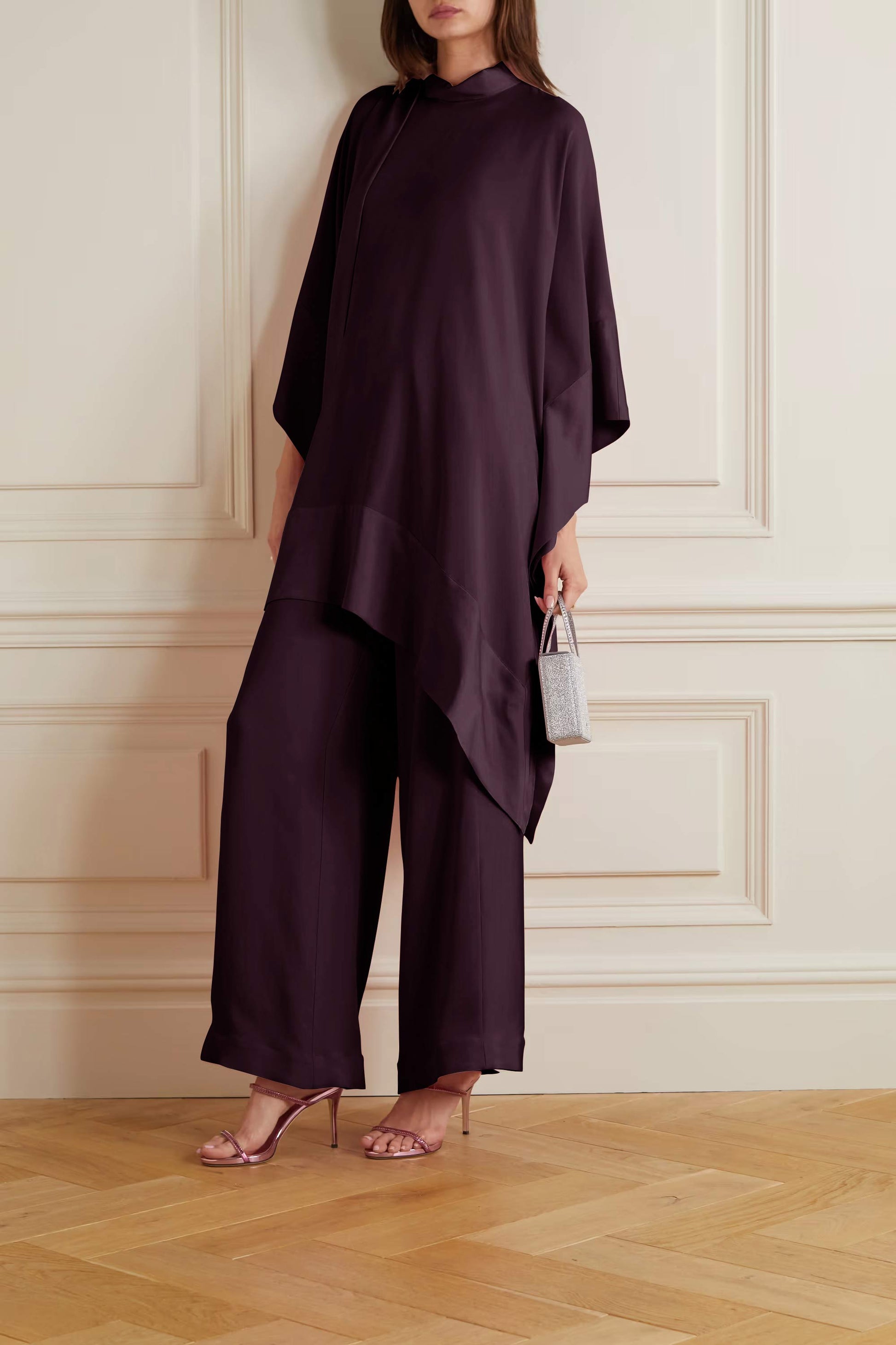 Purple Color Womens Premium Silk  Co ord Set With Culottes Pant