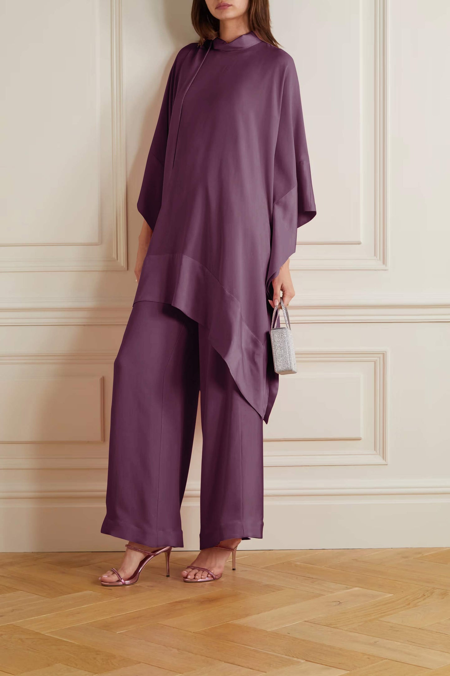 Salmon Color Womens Premium Silk  Co ord Set With Culottes Pant