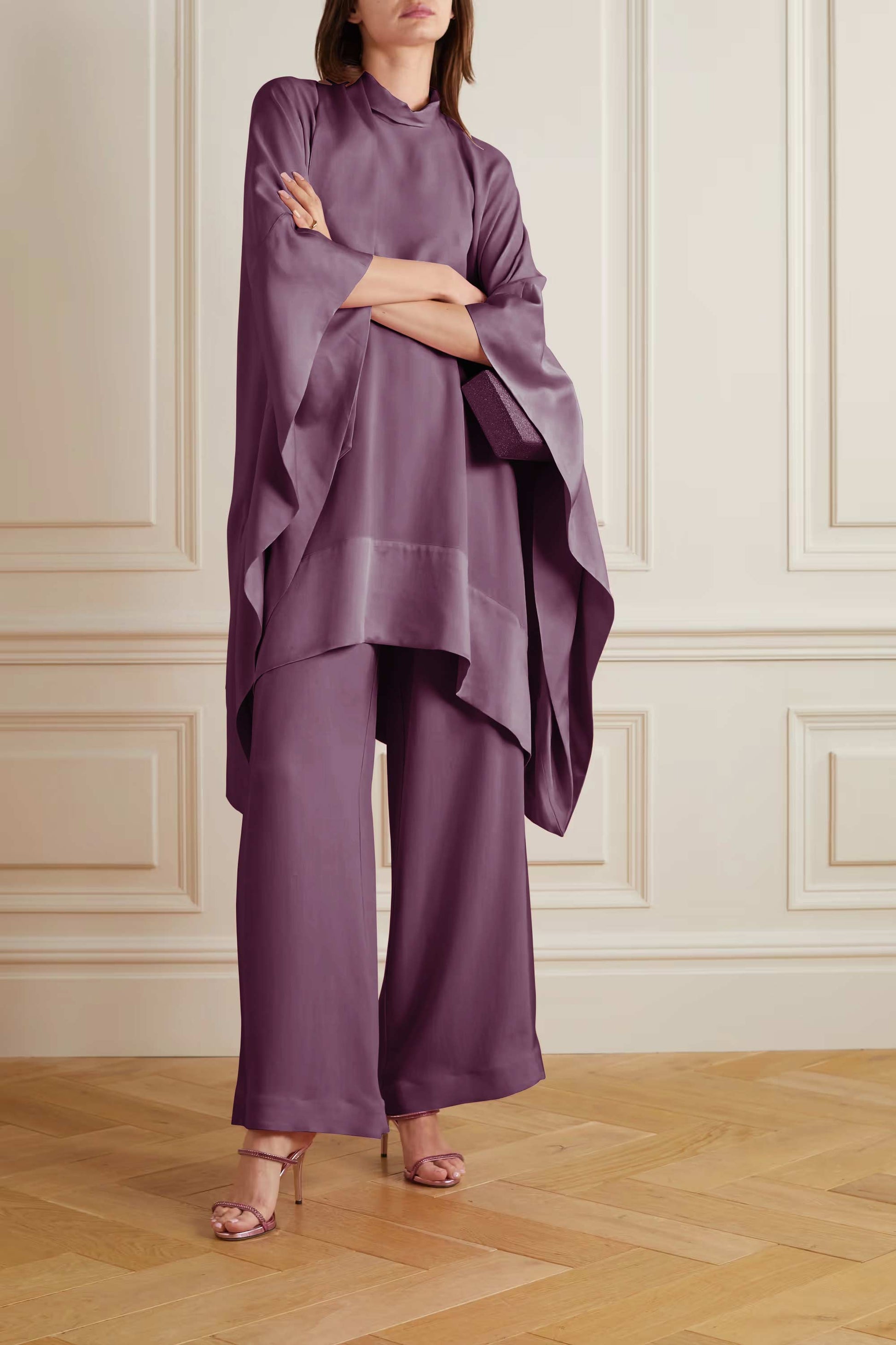 Salmon Color Womens Premium Silk  Co ord Set With Culottes Pant