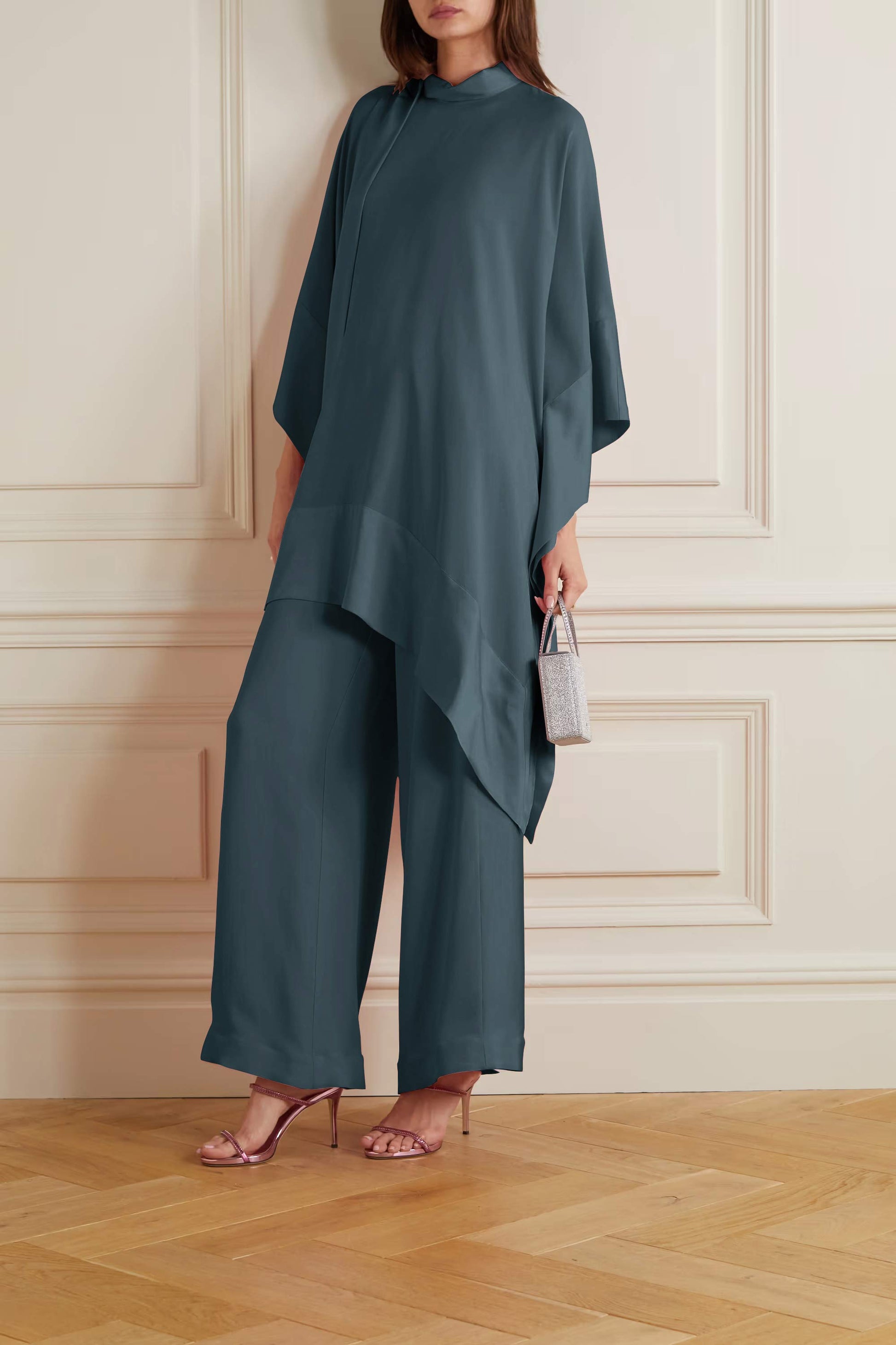 Sapphire Color Womens Premium Silk  Co ord Set With Culottes Pant