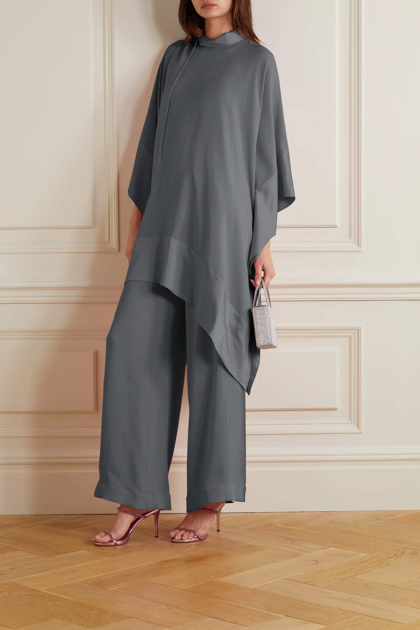Grey Color Womens Premium Silk  Co ord Set With Culottes Pant