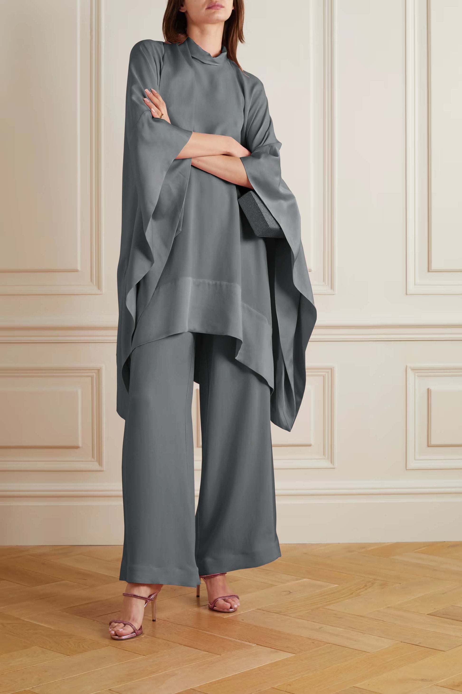 Grey Color Womens Premium Silk  Co ord Set With Culottes Pant