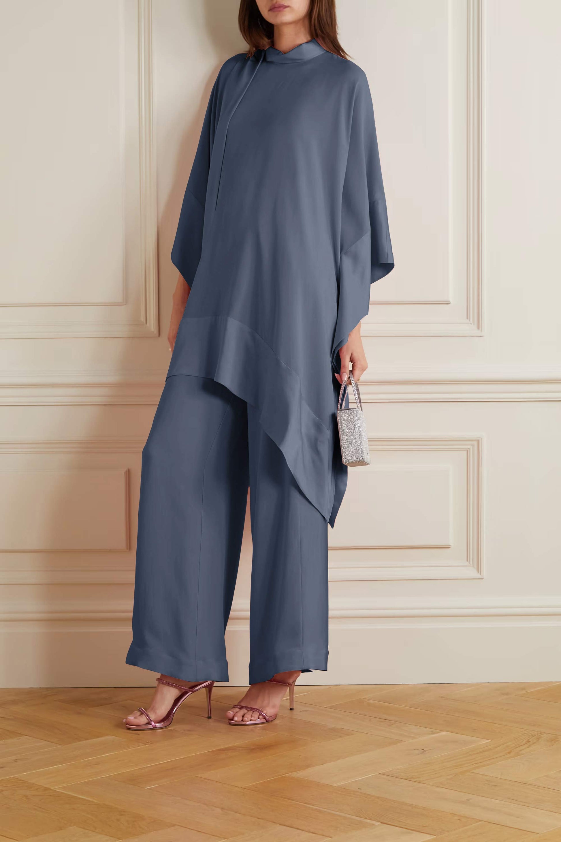 Matt Grey Color Womens Premium Silk  Co ord Set With Culottes Pant