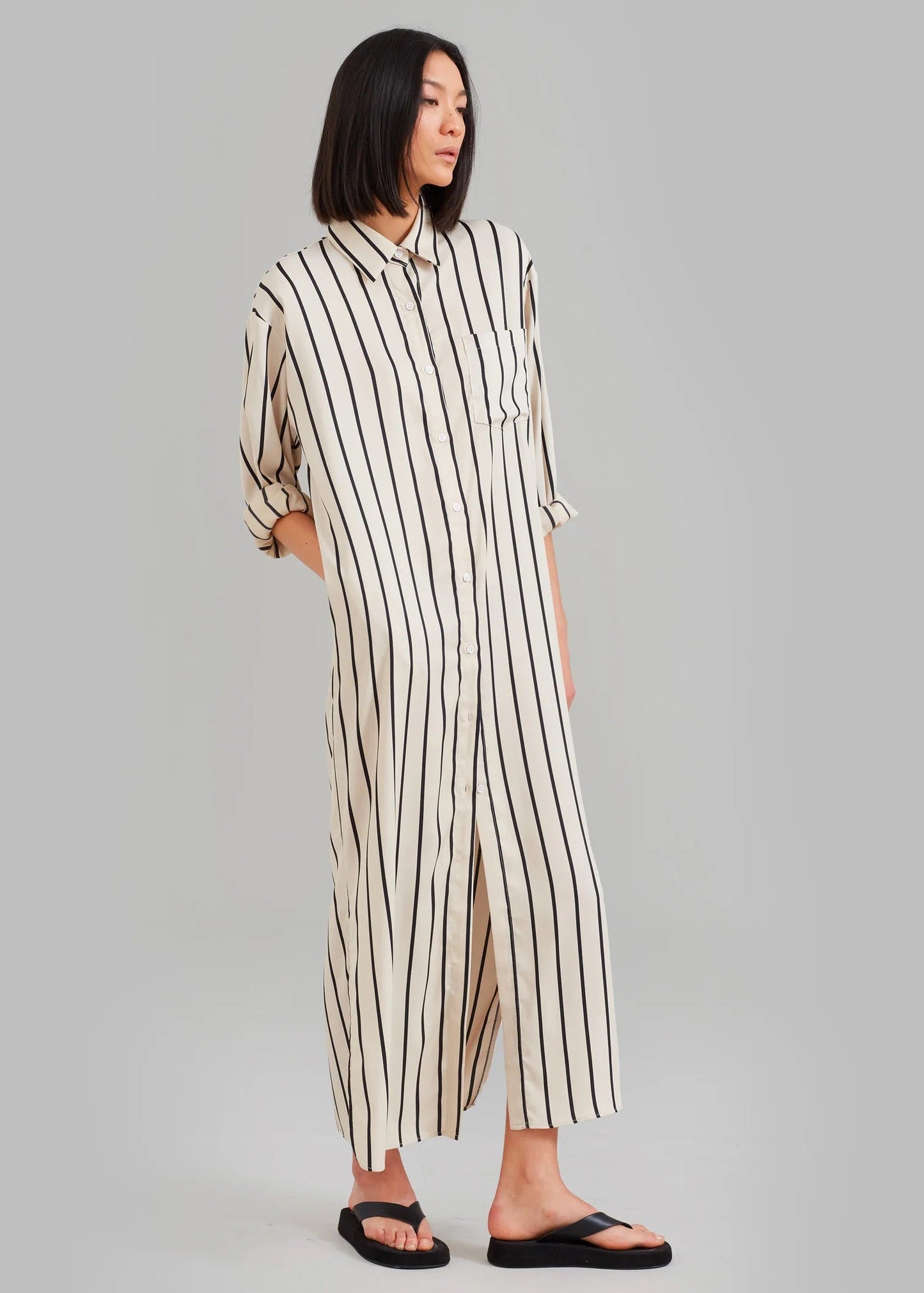 Full Length Strips Pattern white Color Womens Shirt Dress