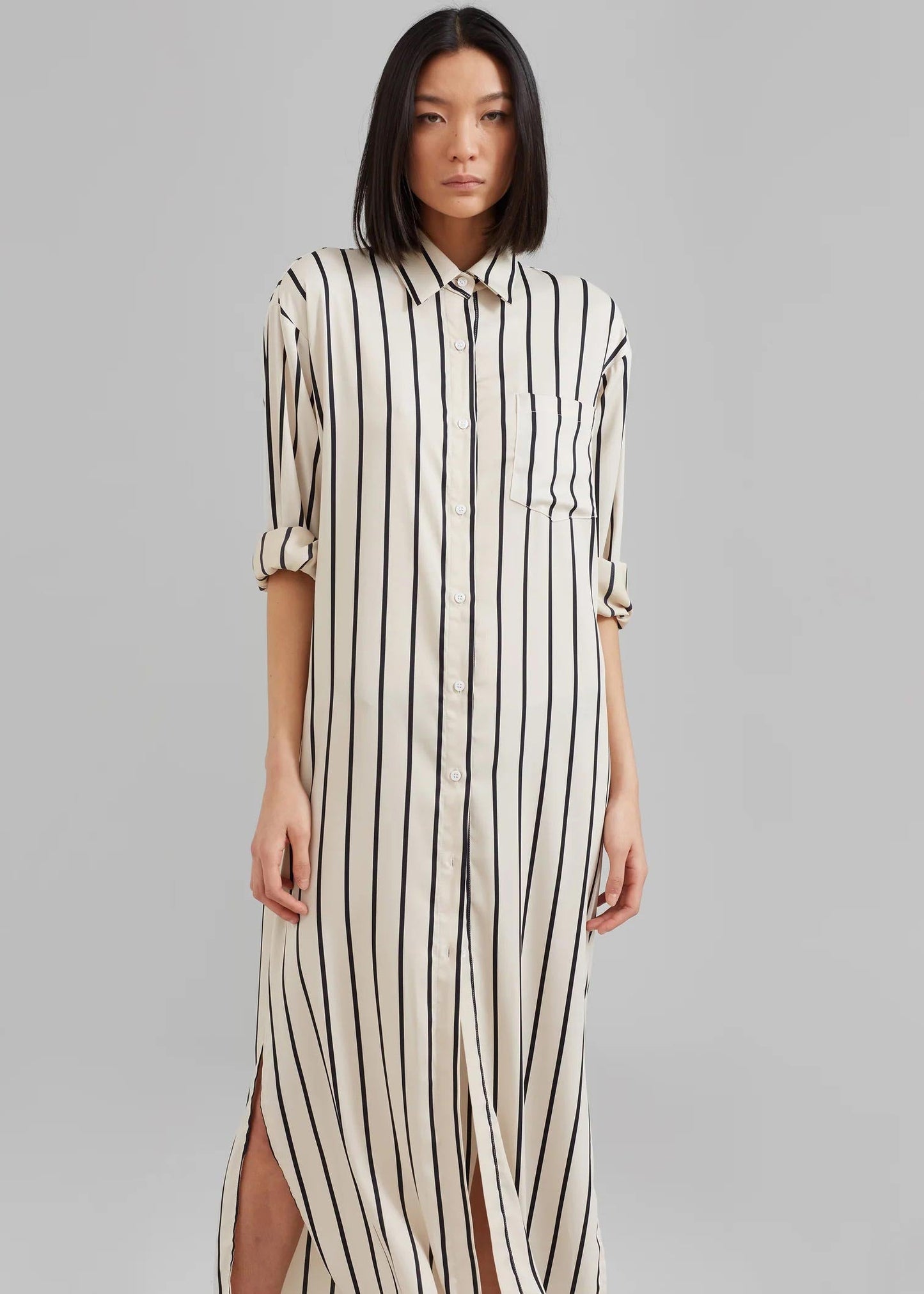Full Length Strips Pattern white Color Womens Shirt Dress