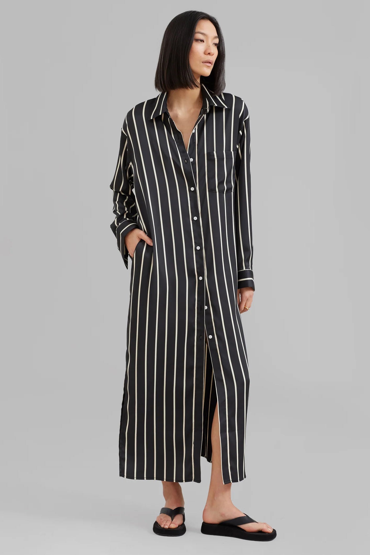 Full Length Strips Pattern Black Color Womens Shirt Dress