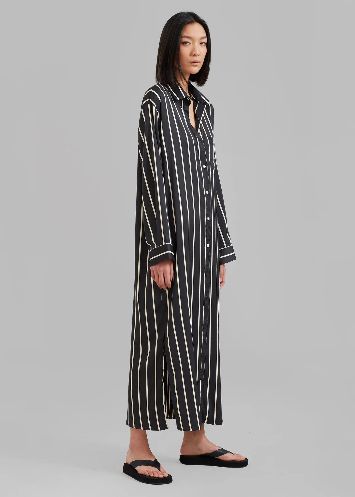 Full Length Strips Pattern Black Color Womens Shirt Dress