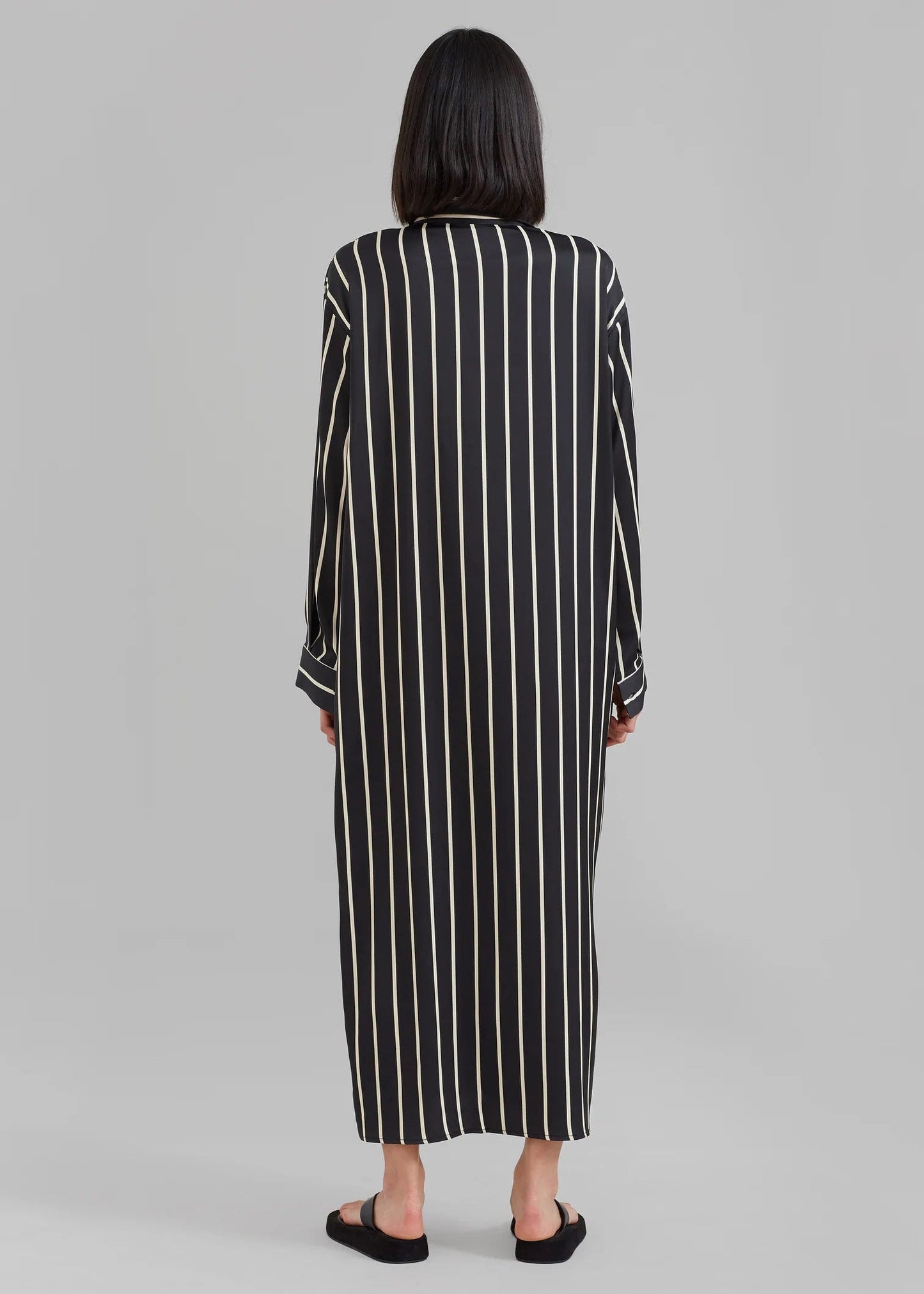 Full Length Strips Pattern Black Color Womens Shirt Dress