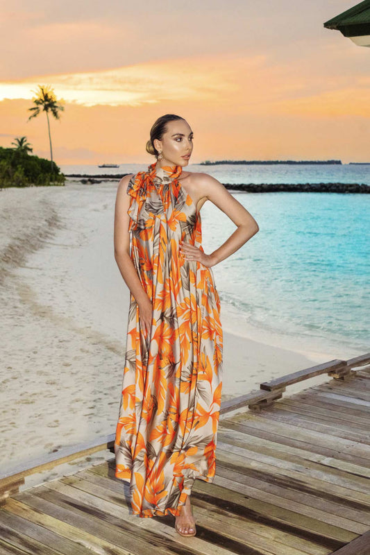 High Neck Beach Wear Gown  Floral Elegance