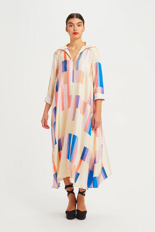 V Neck Collar Kaftan With Colorful Geometric Print