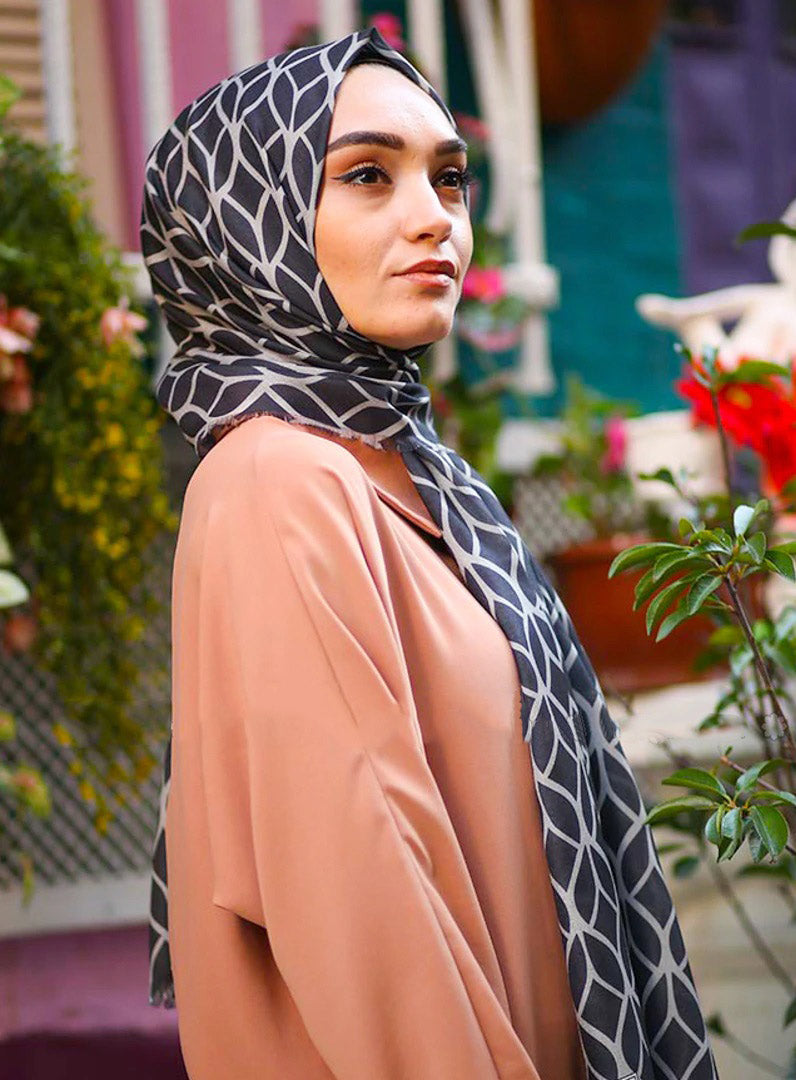 Matt grey Color Hijab in rich hues, featuring intricate patterns for a sophisticated look, combining style with modesty for the fashion conscious