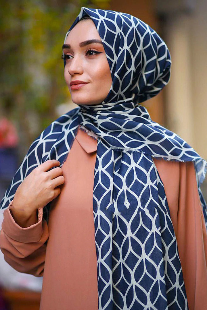 Navy Blue Color Hijab in rich hues, featuring intricate patterns for a sophisticated look, combining style with modesty for the fashion conscious