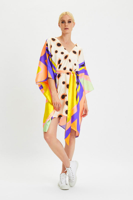 Womens V Neck Kaftan With Waist Belt Luxurious Silk Fabric And With Beautiful Polka Dot Print