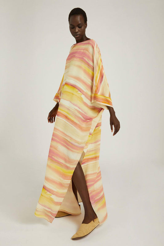 Mix Layered Premium Cotton Voil Kaftan With Round Neck