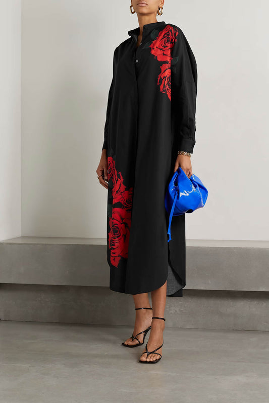 Black shirt dress for Women with red rose design