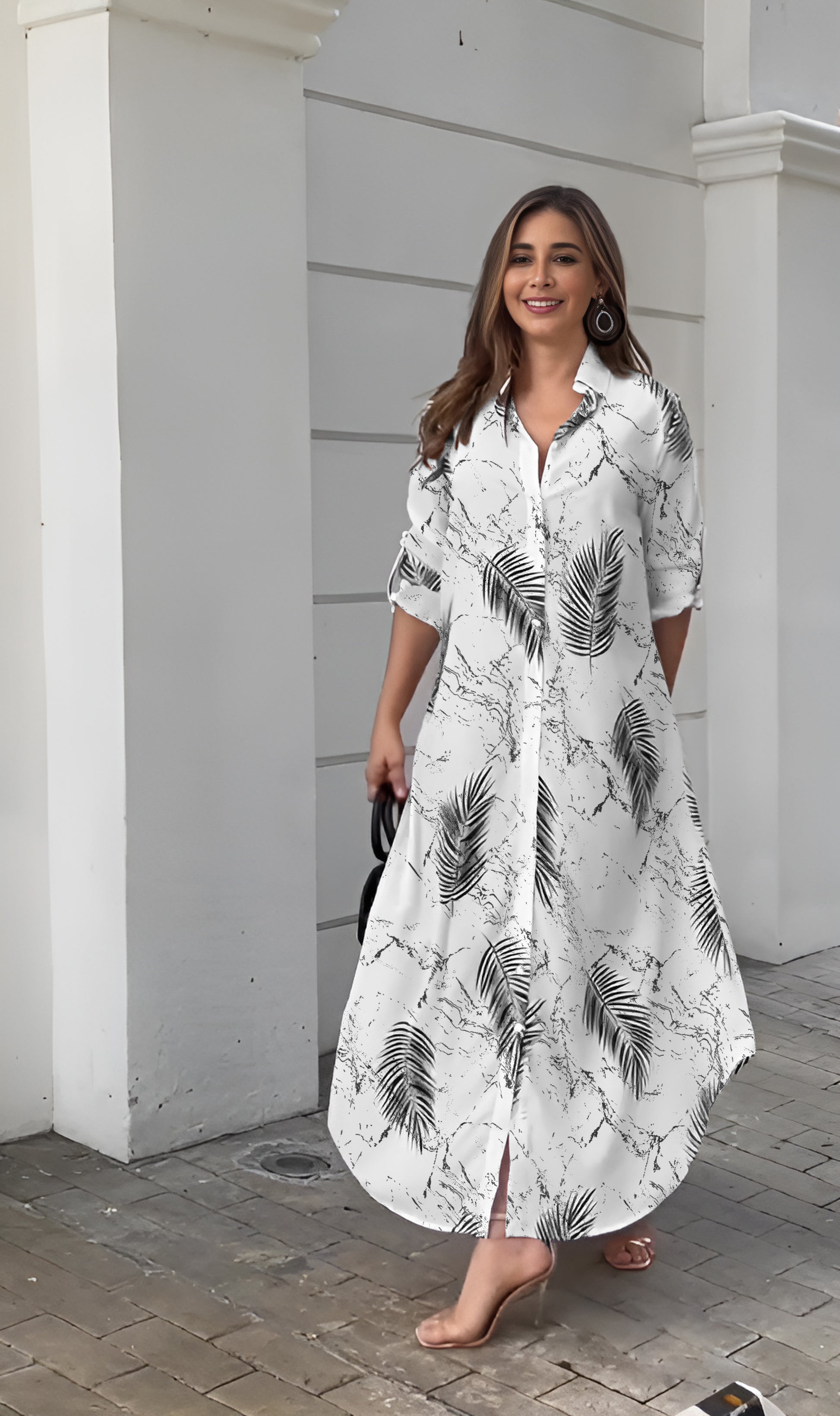 Breezy Black & White V-Neck Palm Inspired Leaf Printed Long Shirt Dress