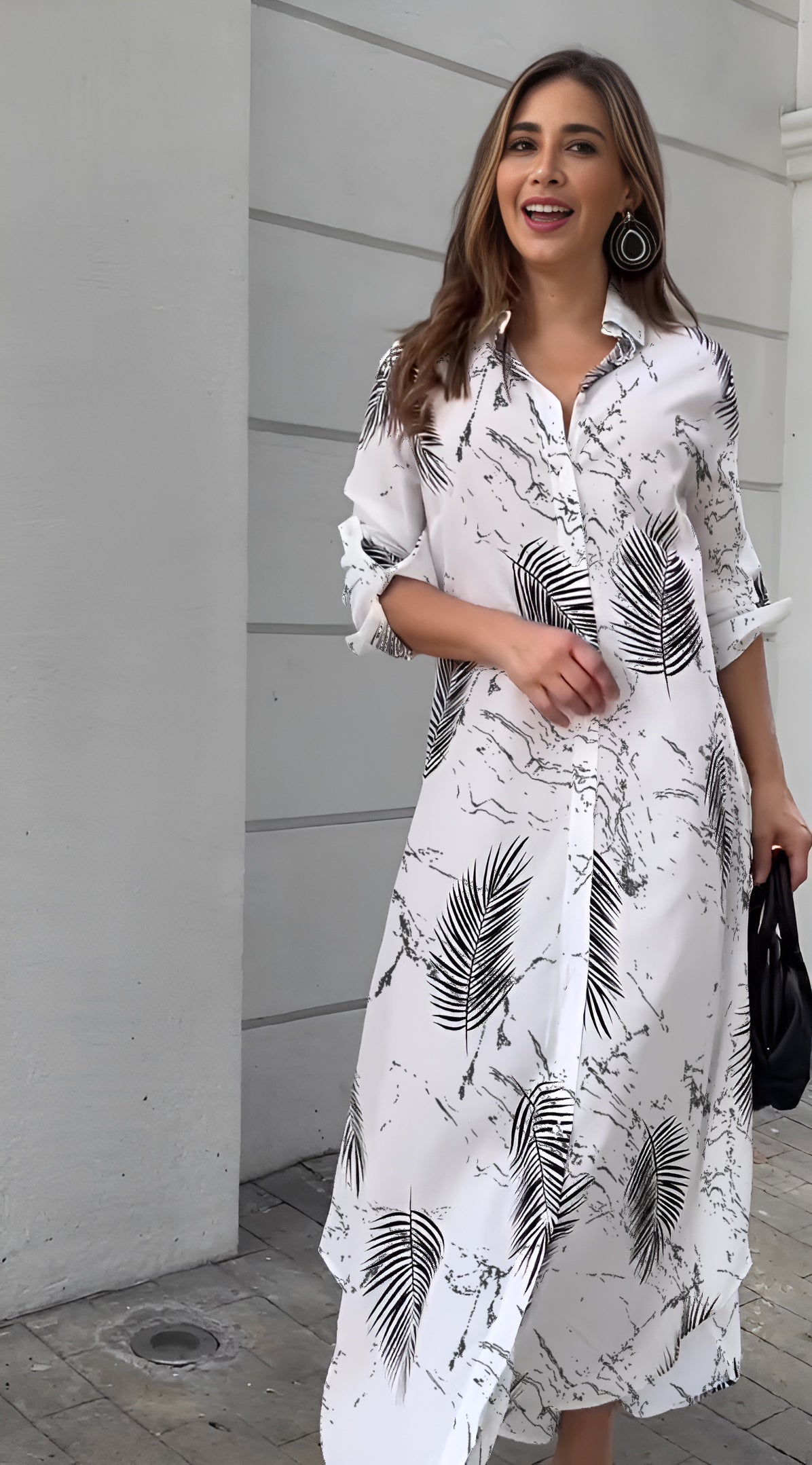 Breezy Black & White V-Neck Palm Inspired Leaf Printed Long Shirt Dress