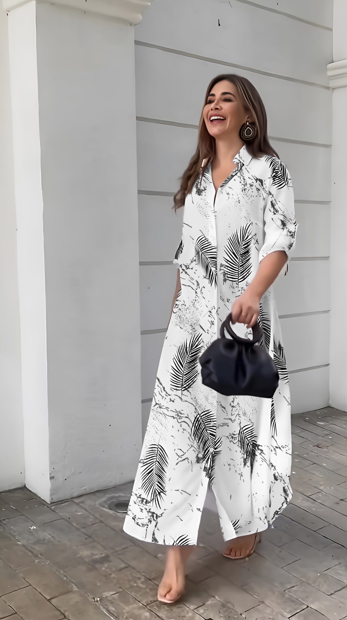 Breezy Black & White V-Neck Palm Inspired Leaf Printed Long Shirt Dress