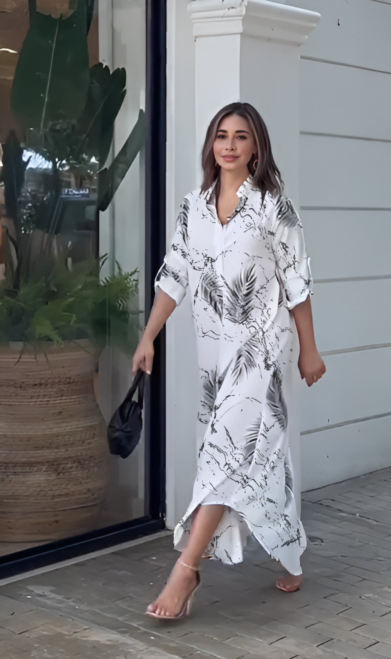 Breezy Black & White V-Neck Palm Inspired Leaf Printed Long Shirt Dress