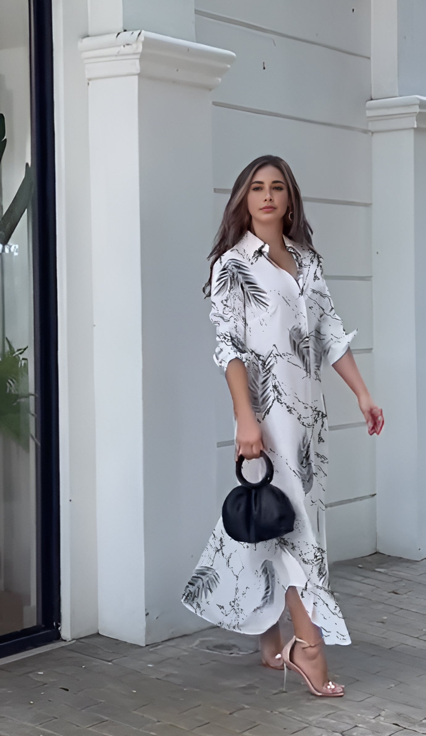 Breezy Black & White V-Neck Palm Inspired Leaf Printed Long Shirt Dress