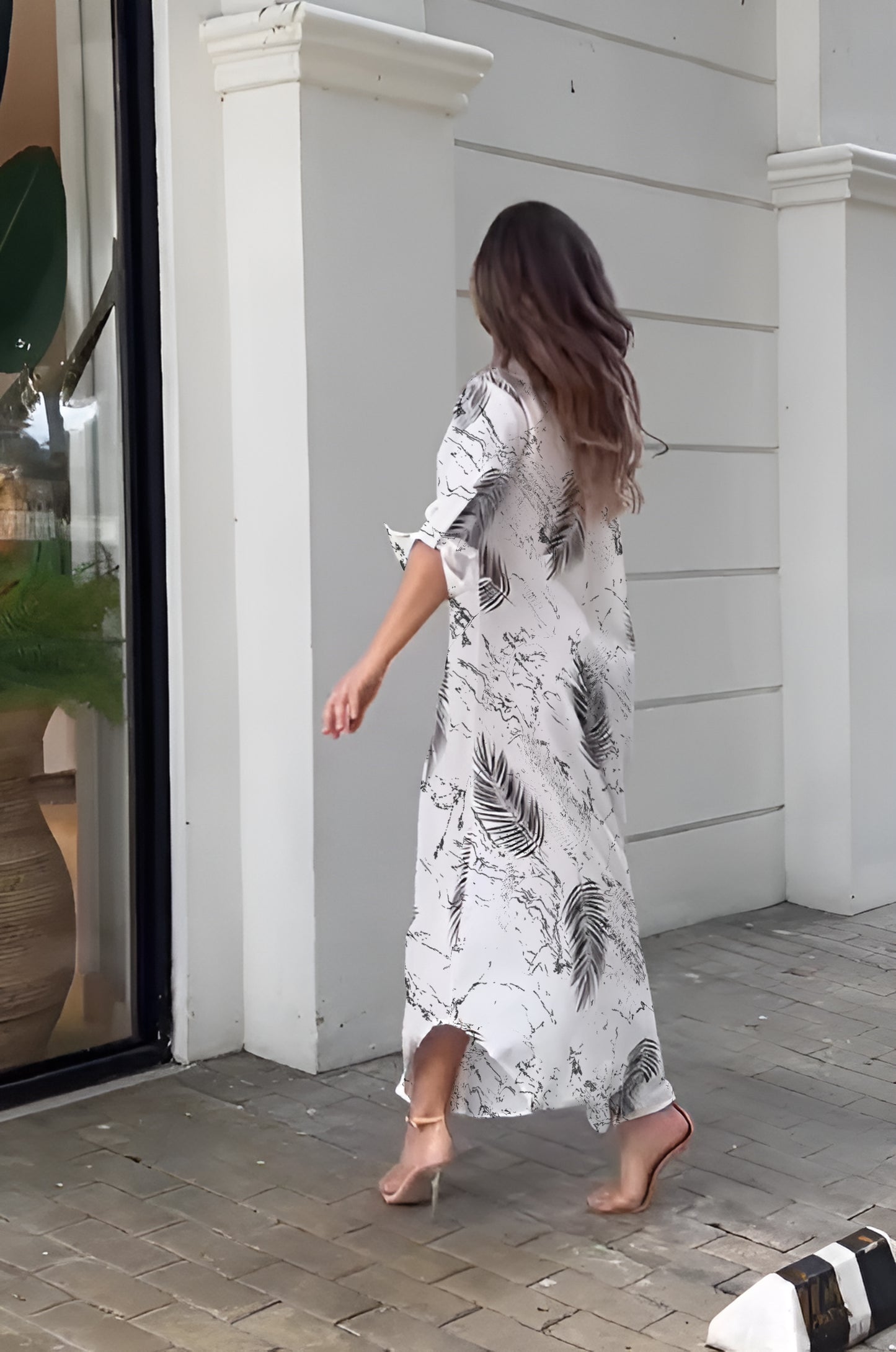 Breezy Black & White V-Neck Palm Inspired Leaf Printed Long Shirt Dress