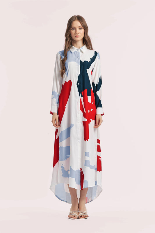 Abstract Printed Shirt Style Women's Long Dress With Button Closer