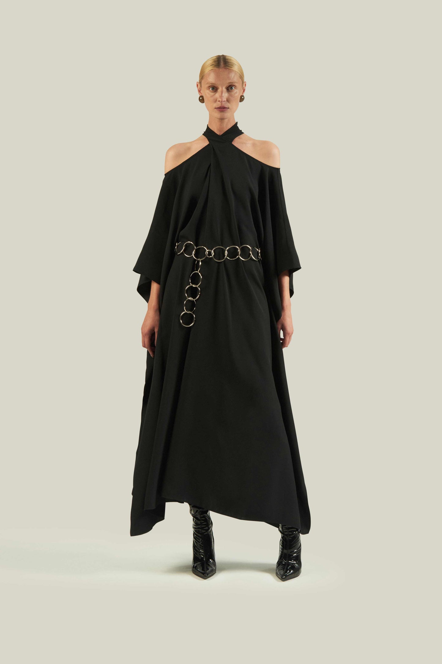 Designer-Halter-Neck-Cold-Shoulder-Style-Black-Dress-With-Silver-Ring-Belt