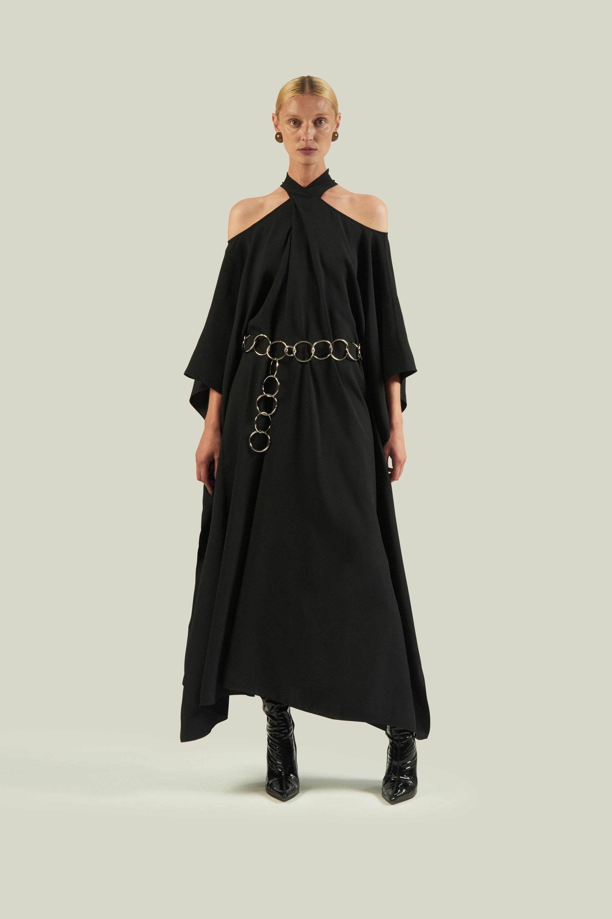 Designer-Halter-Neck-Cold-Shoulder-Style-Black-Dress-With-Silver-Ring-Belt