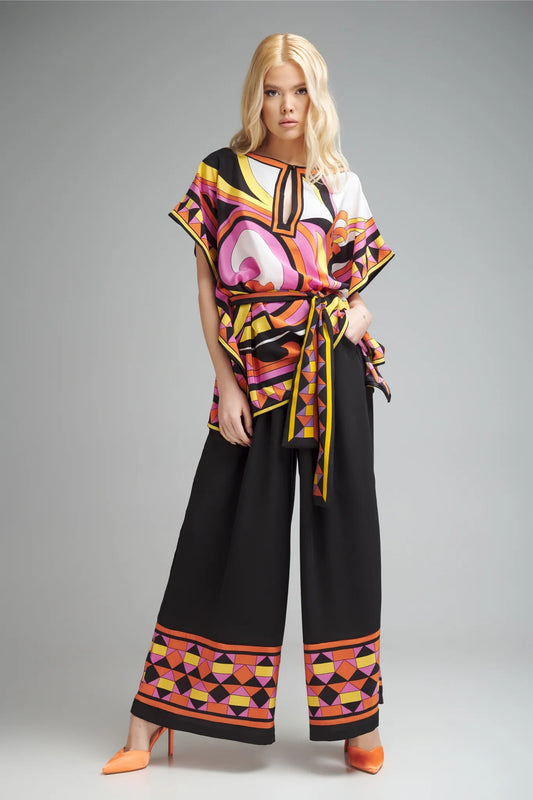 Luxury Statement Silk Ensemble Top With Waist Belt and Wide-Leg Pants
