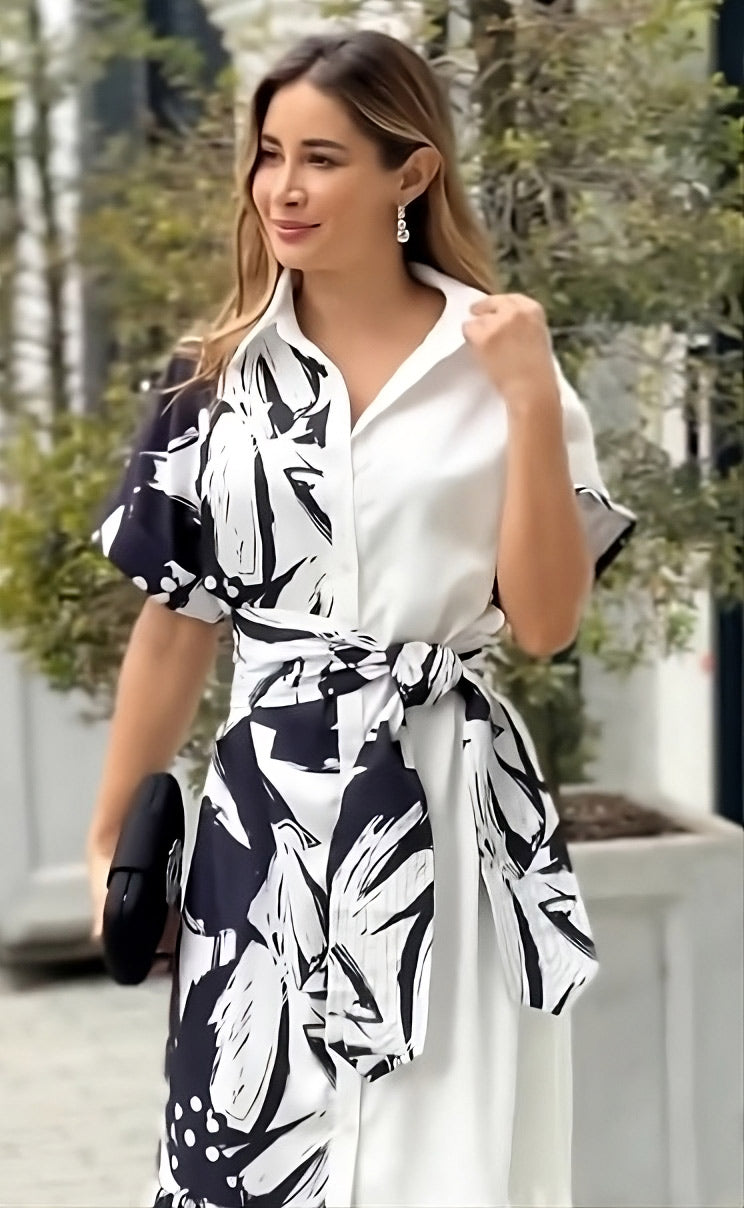 Premium Floral Printed Belt Style Button Closer Dress - Summer Elegance