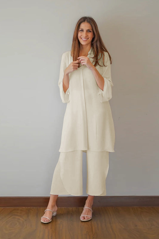 Summer Serenity : Cream V-Neck Women's Top and Loose Fit Pant Co-Ord Set