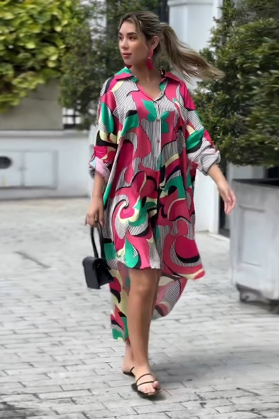 Vibrant Abstract Print Asymmetrical Top Dress - Long Sleeves & Collar