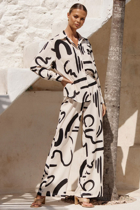 White Color Womens Coord  Set Oversized Comfort Abstract Print
