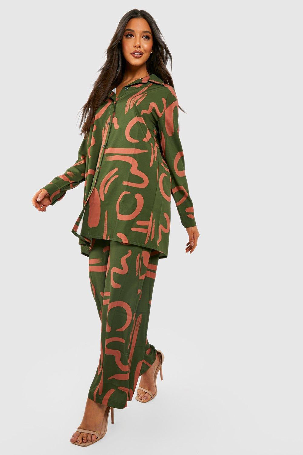 Green Color Womens Coord  Set Oversized Comfort Abstract Print