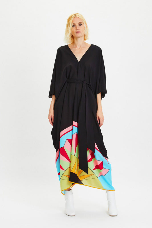 Black Print Womens V Neck Kaftan With Waist Belt 