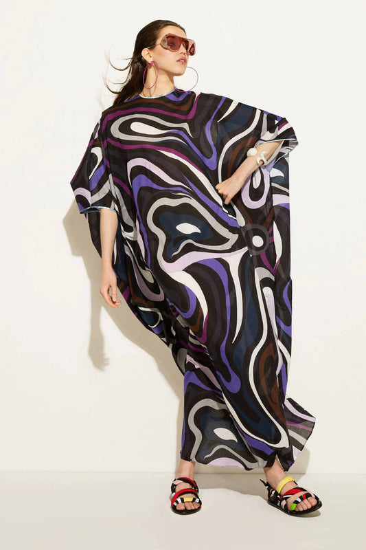 Black Color Abstract Print Long Length Kaftan With Round Neck Style 