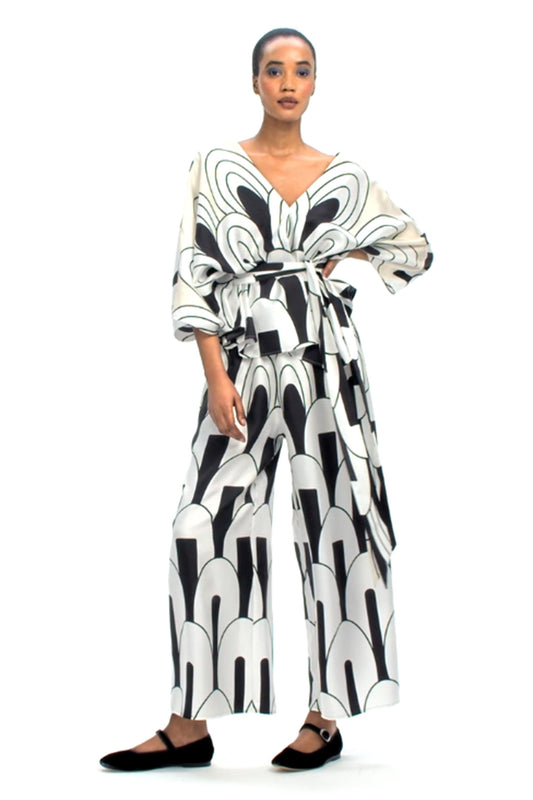 Black & White Floral Print Womens Co ord Set With Waist Belt